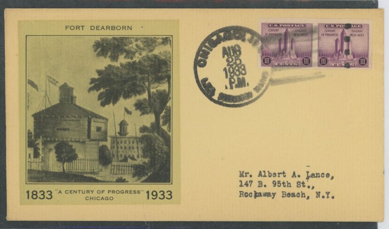US 731a (1933) 3c Century of progress/Federal building-Imperf(Farley) pair from Mini-sheet-on an addressed(typed) First Day cove