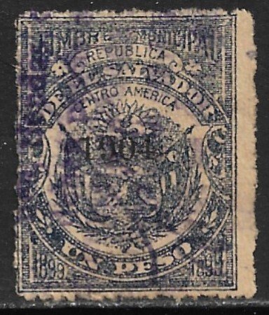 EL SALVADOR 1904 1peso ARMS Municipal Revenue Ross M91 VFU