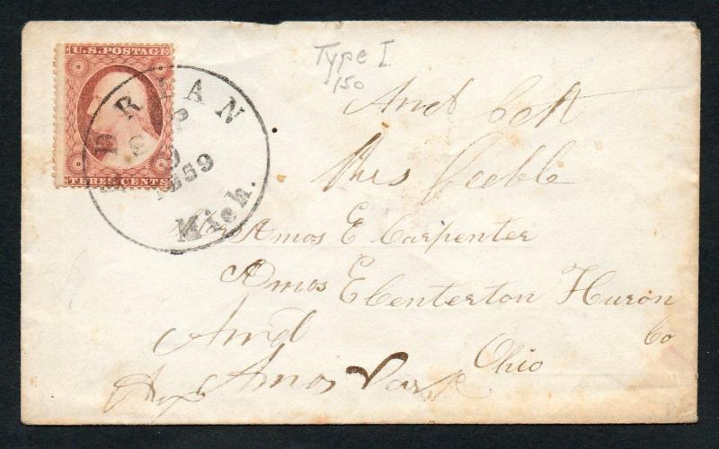 US Scott #25 on Cover, Adrian Michigan Sept 9, 1859 CDS Cancel 