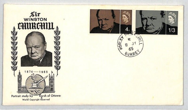 GB QEII FDC *SIR WINSTON CHURCHILL* Illustrated Surrey Horley 1965 YB151