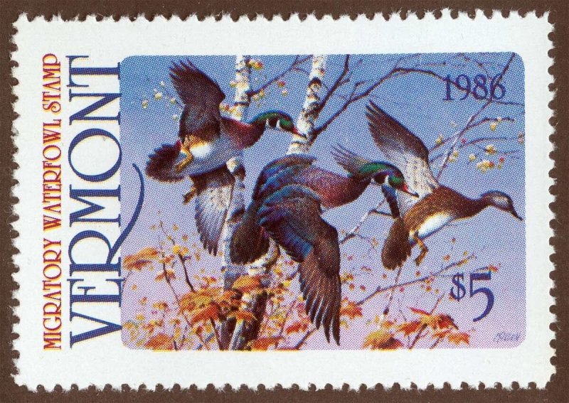 US Sc 1 Multi $5.00 No Gum 1986 Vermont State Waterfowl Hunting Permit Stamp