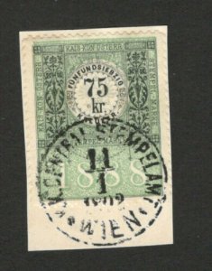 AUSTRIA  - USED FRAGMENT WITH REVENUE FUSCAL STAMP, 75 KRONE -1888. 