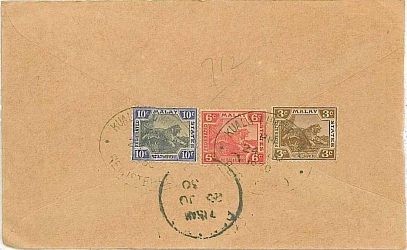 MALAYA - COVER 1930 - TIGERS - REGISTERED LETTER to KUALA LUMPUR