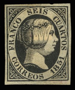 Spain #6 Cat$350, 1851 6c black, unused without gum, margins all around, good...