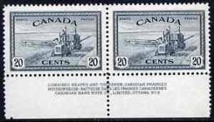 Canada 1946-47 KG6 Peace 20c Combine Harvester marginal p...