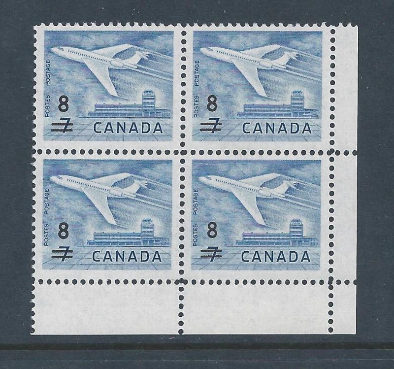 Canada #430 LR Corner Block Jet Surcharge 8¢ MNH7