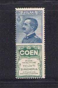 1924 Kingdom of Italy, Advertiser n. 5, 25 cent Coen blue and green - MNH**