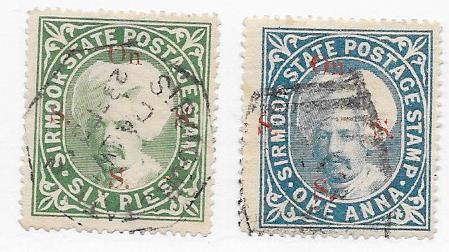 India - Sirmoor  #O7-O8 6p green,1a blue  (U) CV $7.00