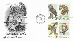 1978 FDC, #1763a, 13c American Owls, Art Craft