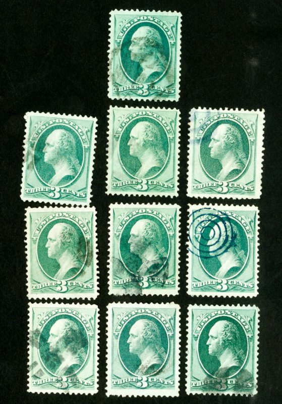 US Stamps Superb Lot of 10 3¢ green banknotes all used gems