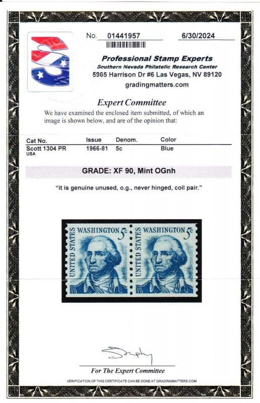 MOstamps - US #1304 Mint OG NH Coil Pair Grade 90 with PSE Cert - Lot # MO-5271