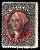 #36 used fine 12c Blk Washington 1857-61 Issue 15 1/2 Perf.