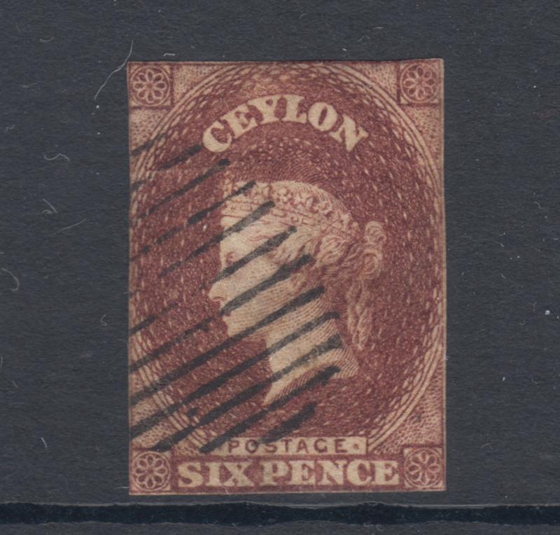 Ceylon SG 6, Sc 6A, used. 1859 6p purple brown QV, strong color, sound, F-VF.