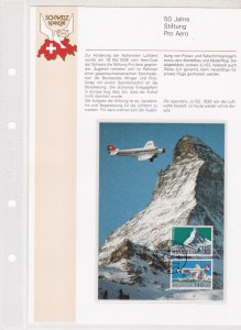 Switzerland Lge Prestige 1988 50 Years Air Association Planes Stamps Card  26293