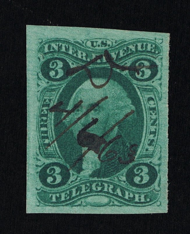 GENUINE SCOTT #R19a VF-XF USED 1862-71 TELEGRAPH REVENUE 3¢ IMPERF WIDE MARGINS