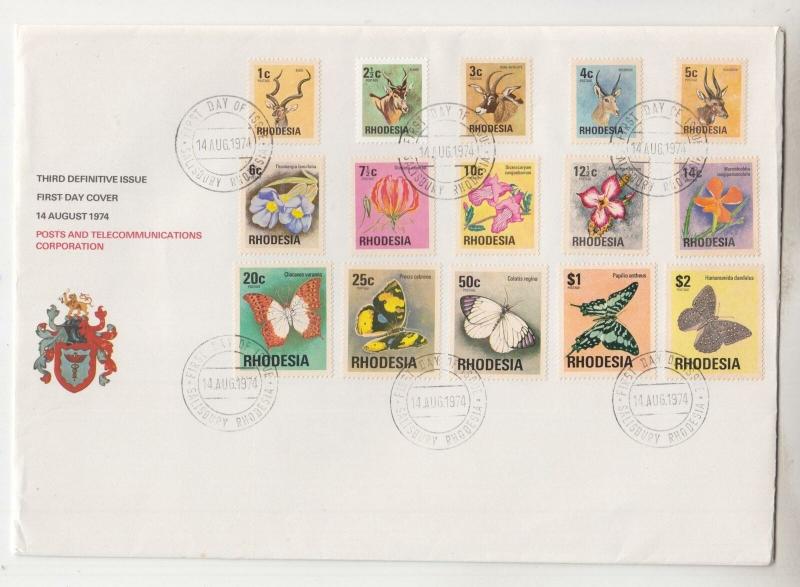 RHODESIA, ZIMBABWE,1974-1976 definitive set of 20 on 2 First Day covers.