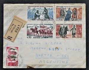 French Andorra Sc 155-157,159-160 Regisered Commercial Cover to Argentina 1964