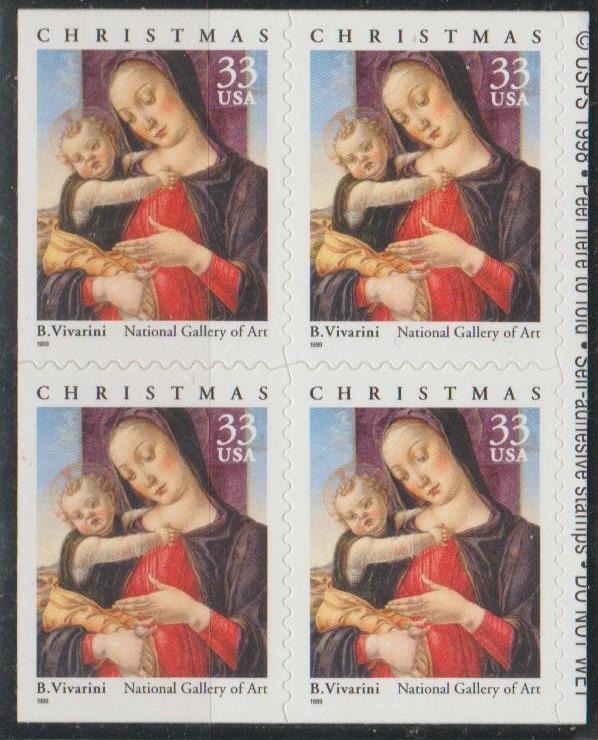 #3355, BLK-4 (bar code on back). Madonna & Child MNH (33 cent)