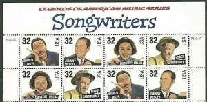 1996 Songwriters Banner Block of 8 32c Postage Stamps -Sc# 3100-3103 - MNH, OG