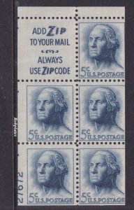 BOBPLATES #1213a Washington Booklet Pane Lower Left 27672 75% MintNH DCV=$50