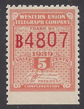 16T95 5c Western Union Telegraph Co. 1939 Unused LH