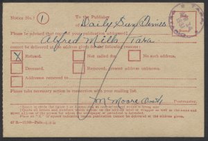 1931 Tara (Bruce) Ontario MOOD On Post Office Dept Refused Mail Card