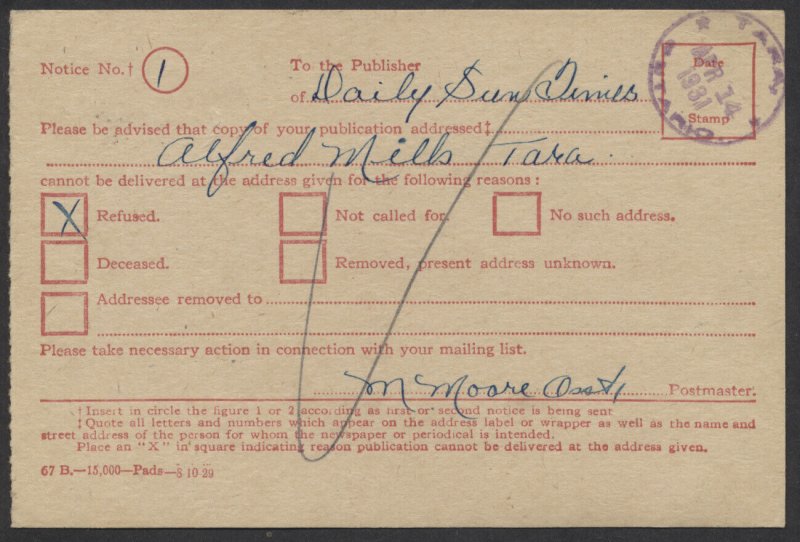 1931 Tara (Bruce) Ontario MOOD On Post Office Dept Refused Mail Card