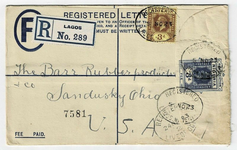 Nigeria 1923 Lagos cancel on registry envelope to the U.S.