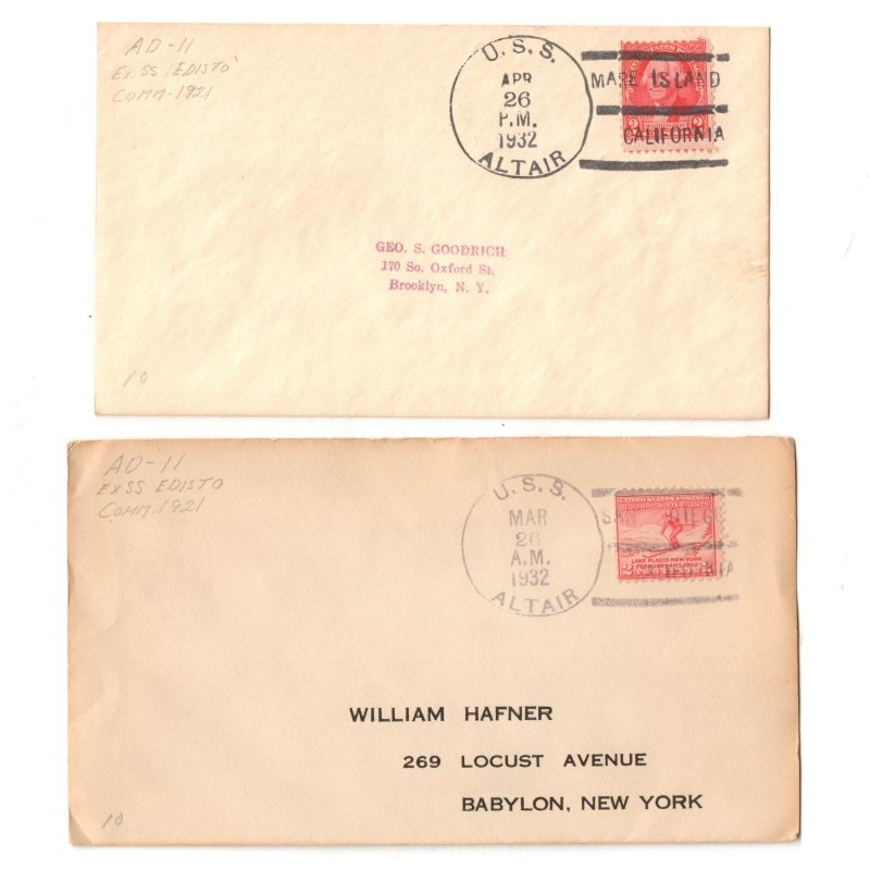 USS ALTAIR (AD-11) Destroyer Tender 1931 MARE ISLAND & SAN DIEGO Naval Covers