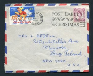 1958 Surrey, England to New York, USA - Tied Christmas Seal - Slogan Cancel