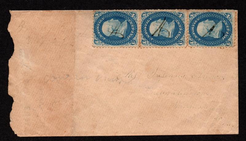 $ US Sc#63 strip of 3 Patriotic Civil War cover Union + Constitution embossed