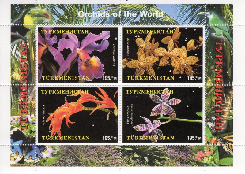 Turkmenistan 1998 ORCHIDS-PARROTS-BUTTERFLIES-INSECTS Sheetlet(4) Perforated MNH