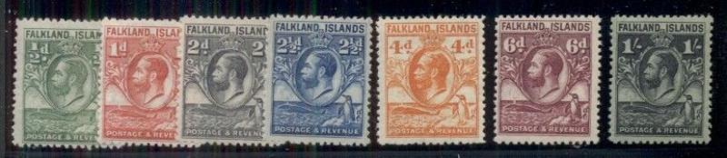 FALKLAND ISLANDS #54-60, ½p - 1sh lower values in set, og, LH, VF, Scott $97.40