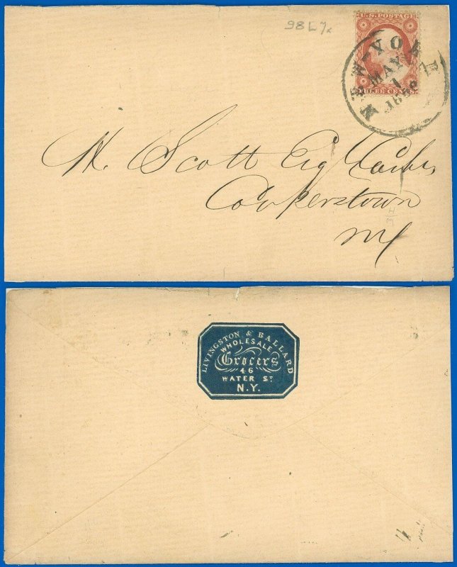 MAY1 1858 New-York Cds Cover to Cooperstown NY, Cameo! US Scott #25, SCV $210.00