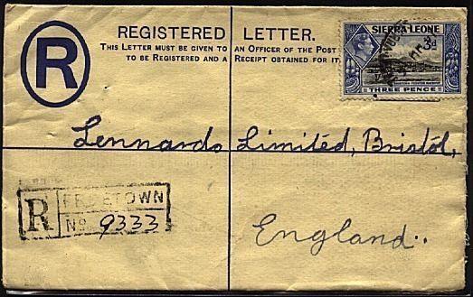 SIERRA LEONE 1946 GVI 3d registered envelope uprated used to UK............19366