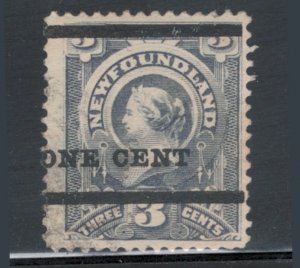 Newfoundland 1897 Queen Victoria Surcharge 1c on 3c Scott # 75 Used (Thin)