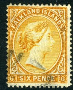 FALKLAND ISLANDS-1891 6d Orange-Yellow with reversed watermark Sg 33x FINE USED