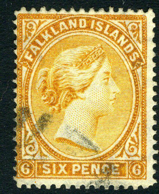 FALKLAND ISLANDS-1891 6d Orange-Yellow with reversed watermark Sg 33x FINE USED