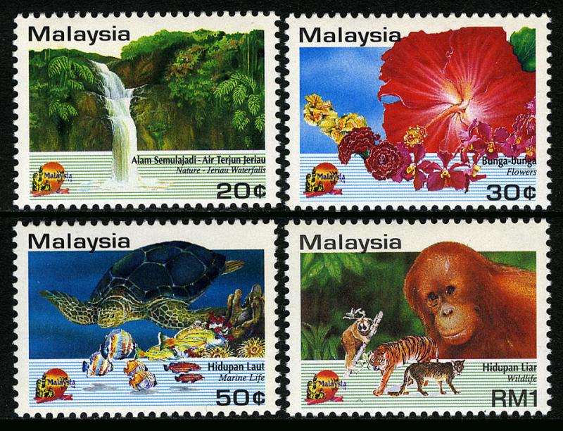 Malaysia 495-498, MNH. Waterfalls, Flowers, Marine Life, Wildlife, 1994