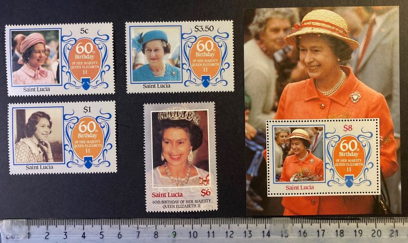 Saint Lucia 1986 QEII 60th Birthday royalty women set + sheet MNH 