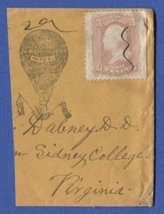 1861 3c Rose Pink, Scott 64b Jumbo on Wise Manned Balloon cachet cover piece