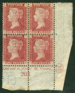 SG 43 Great Britain  1d rose-red plate 170 corner plate block of 4, lower 2...