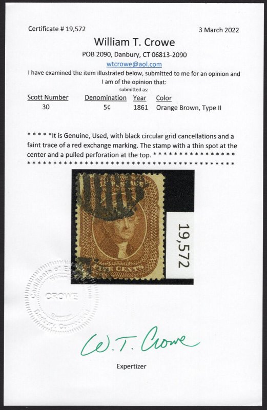 Scott 30, Crowe Cert, CV $1,300