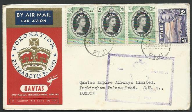 FIJI 1953 Qantas Coronation flight cover to London.........................61737