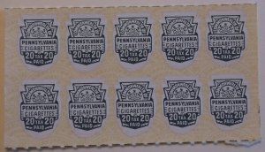 US State Revenue Pennsylvania Cigarette Tax 20 Pack Decal With C Full Pane MNH