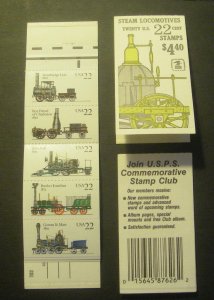 BK163, Scott 2366a, 22c Steam Locomotives, #2, MNH Booklet Beauty