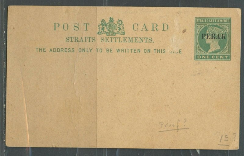 MALAYA PERAK 1C GREEN SMALL OVERPINT MINT POSTAL STATIONERY POSTCARD AS SHOWN 