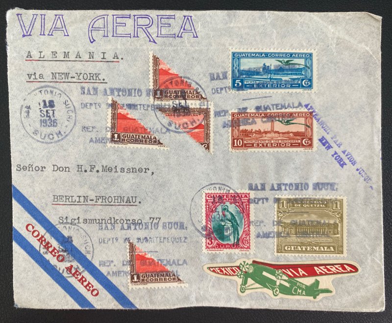 1936 San Antonio Guatemala Bisect Stamps Airmail Cover To Berlin Germany