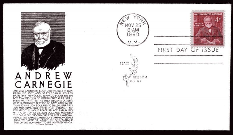 1171 4c Andrew Carnegie FDC Anderson black cachet Nov 25, 1960
