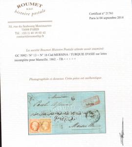 France Offices In Turkey #13 #16 Very Fine Used On Folded Lette **With Cert.**